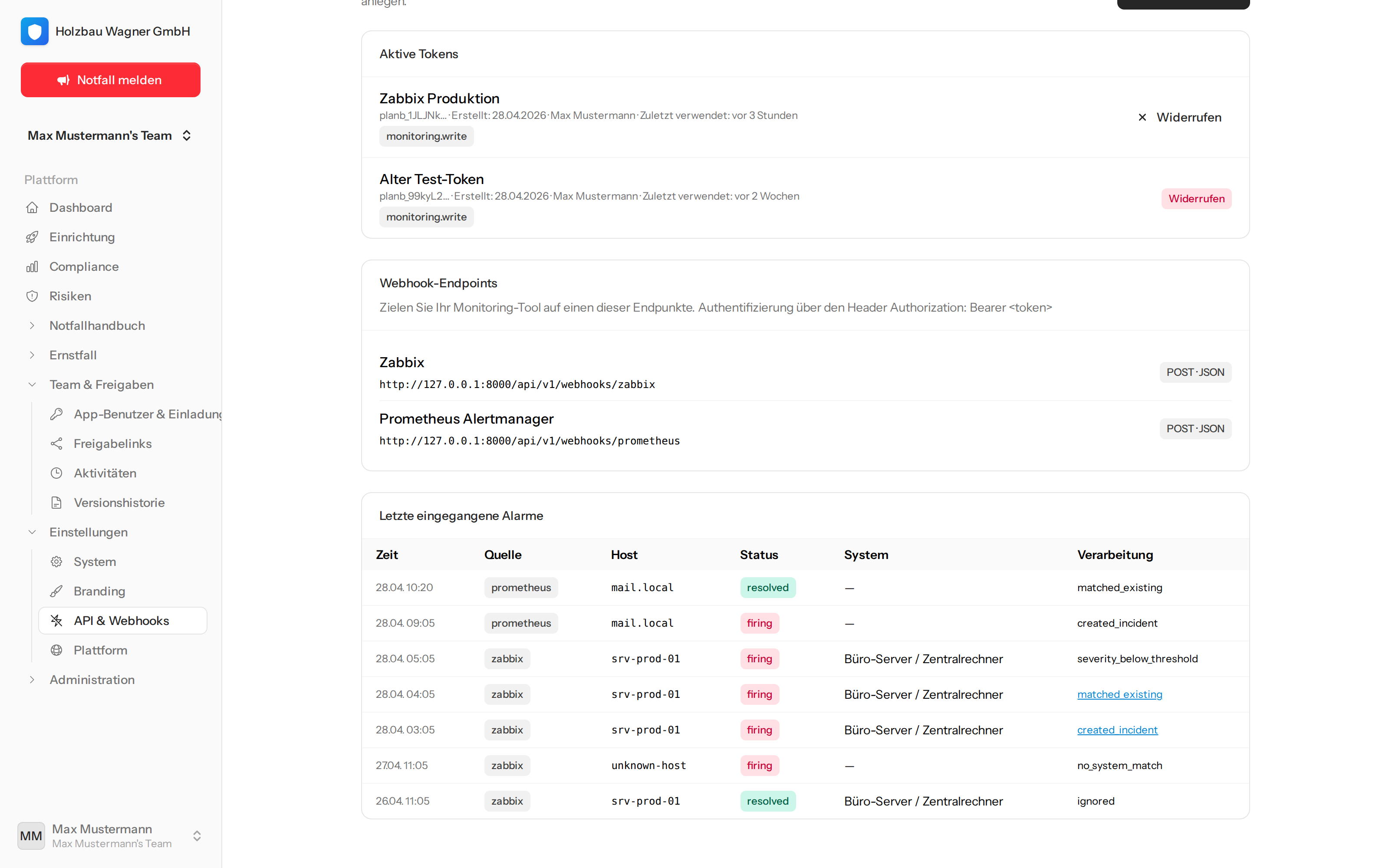 Liste der letzten eingegangenen Alerts: Quelle, Status, mappendes System, Verarbeitung.